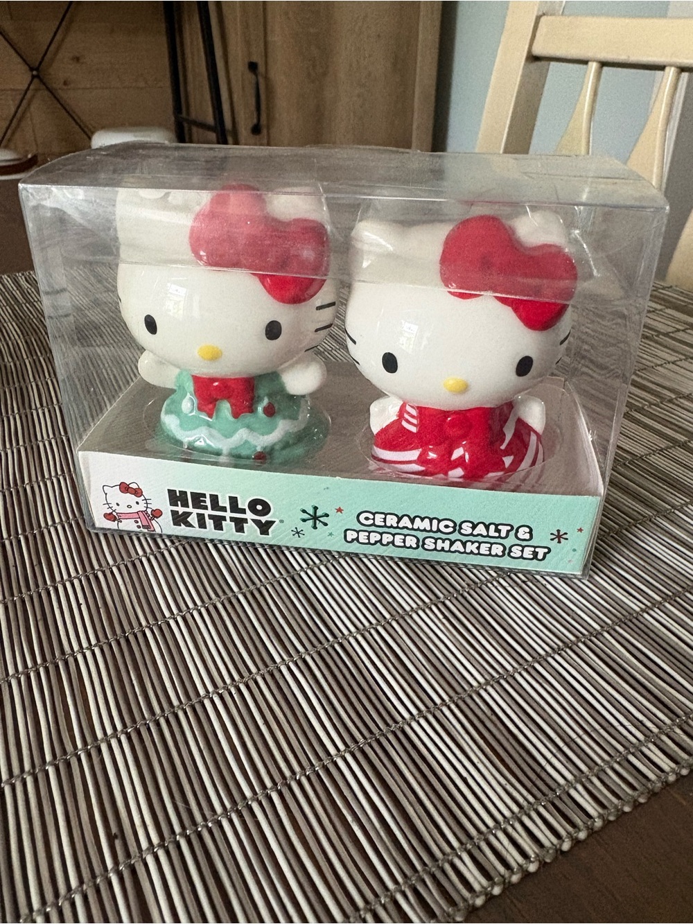 Hello Kitty Ceramic Salt & Pepper Shakers - White with Red and Green Accents